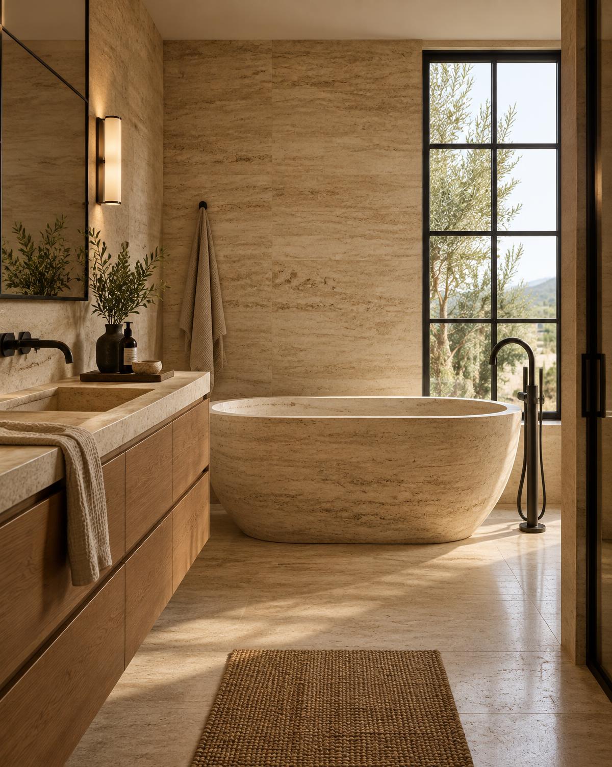 Bathroom clad in travertine with a freestanding stone bath and warm oak vanity