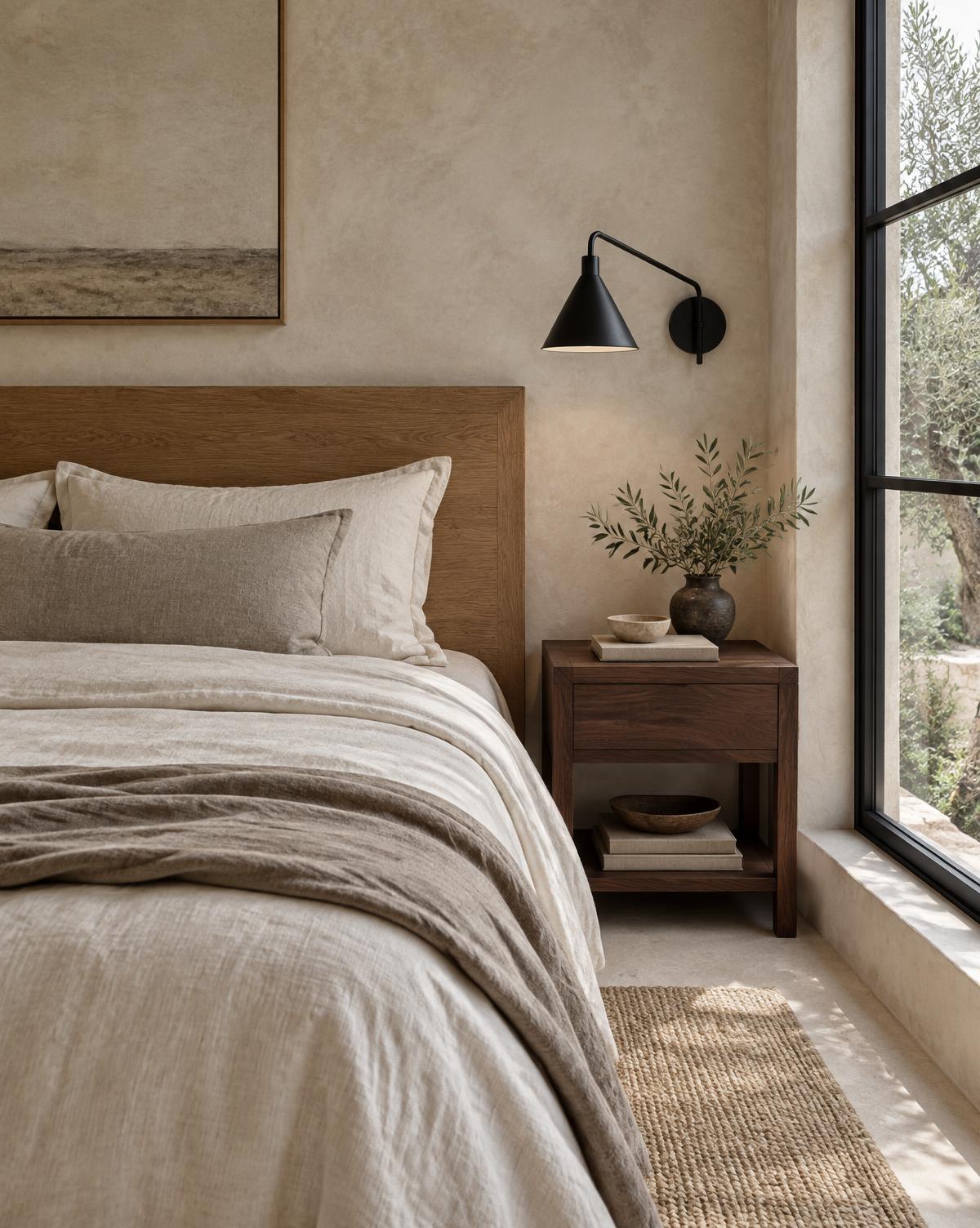 Bedroom with natural linen bedding, oak bedhead, walnut side table and black wall lamp
