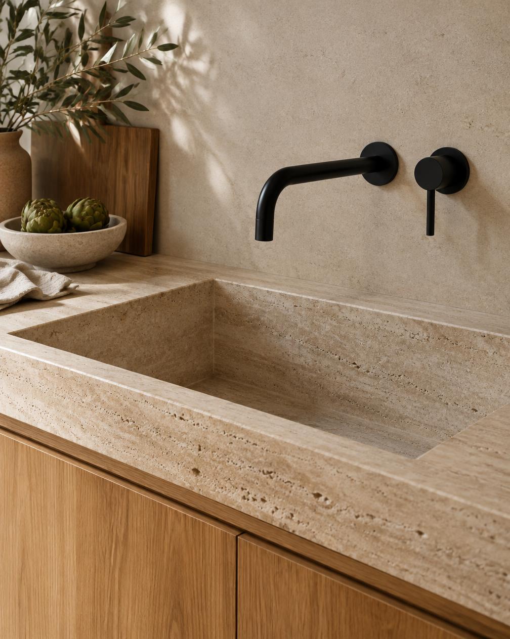 Matte black wall-mounted tap over a travertine sink and oak cabinet
