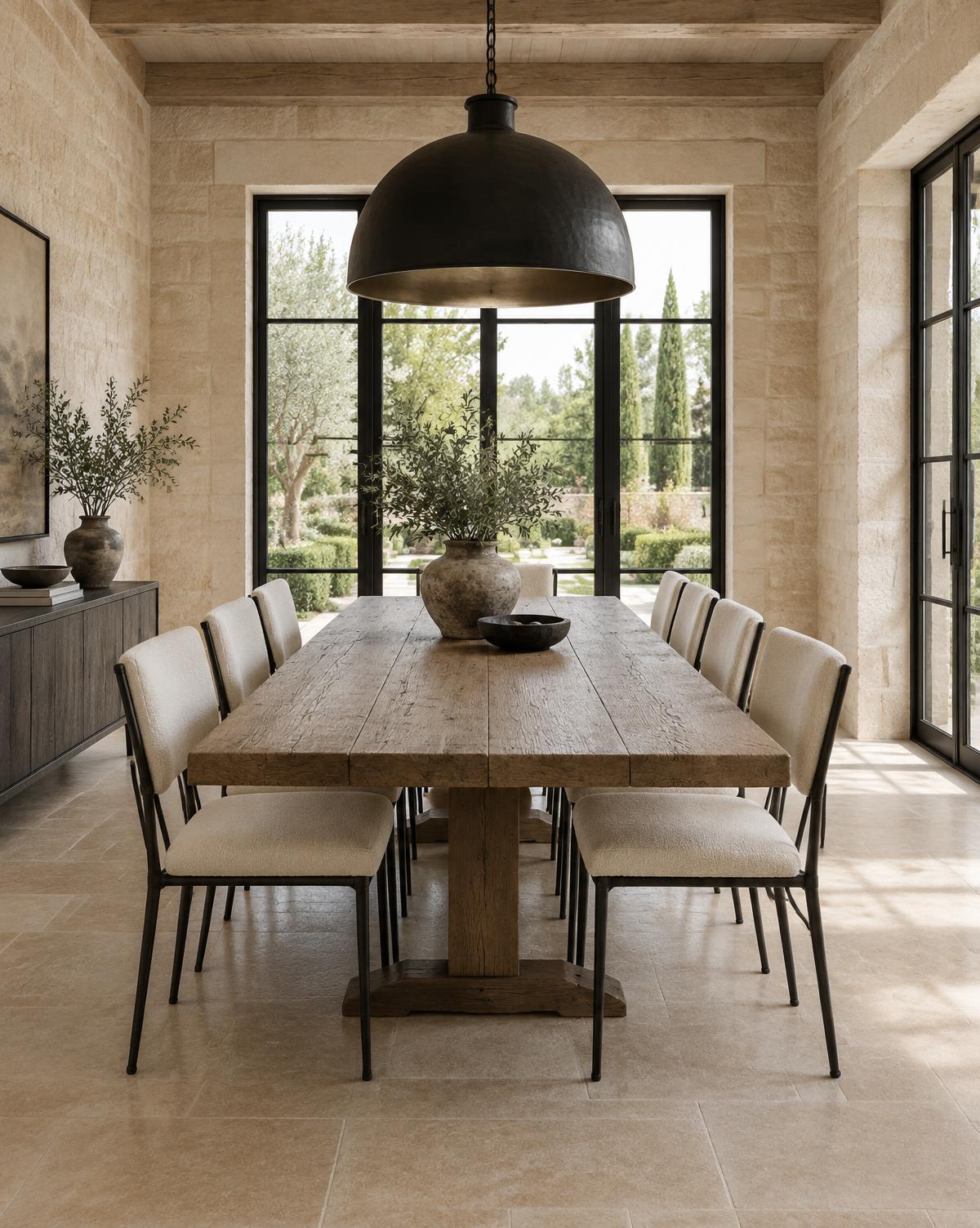Dining room with a long aged oak table, black steel chairs and a large black pendant