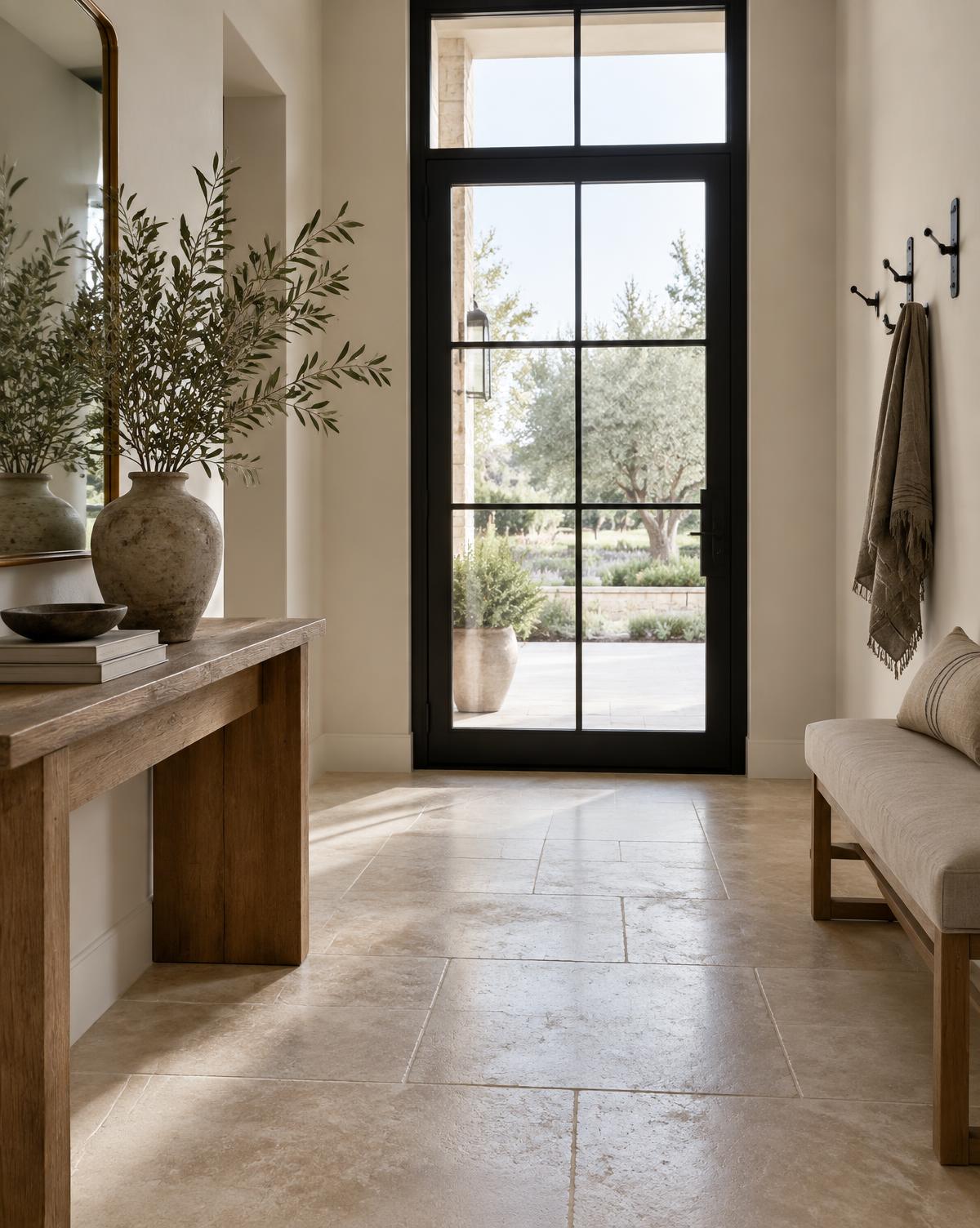 Entryway with black steel-framed door, oak console and linen bench on limestone floor