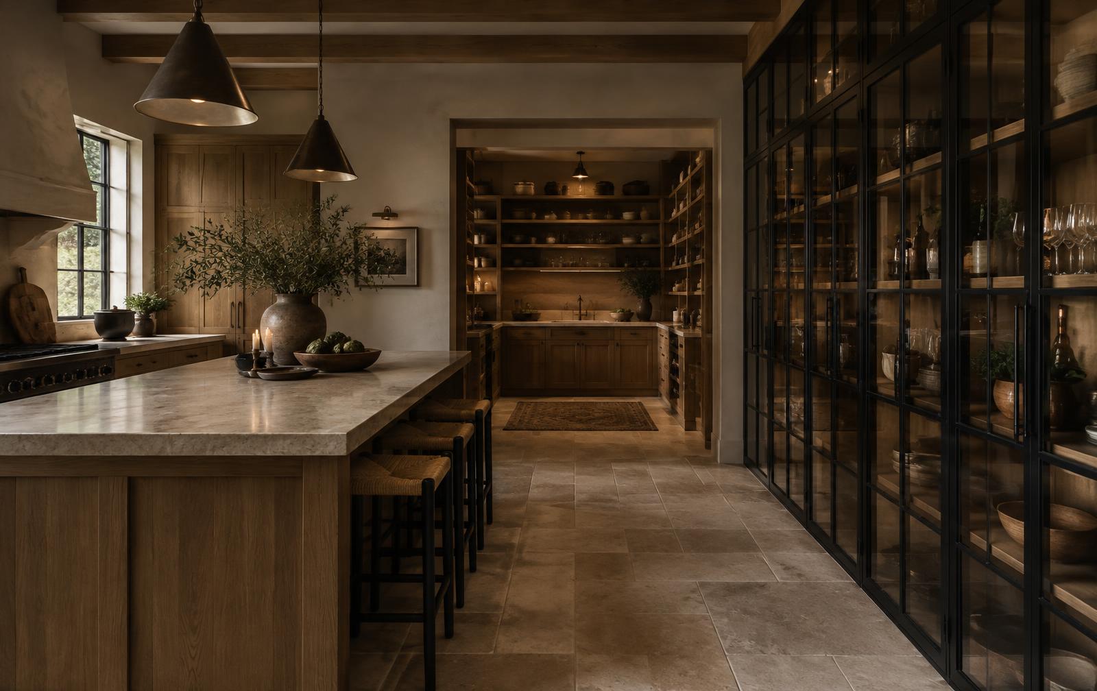 Moody kitchen with butler's pantry beyond and a wall of black steel glass-fronted cabinets
