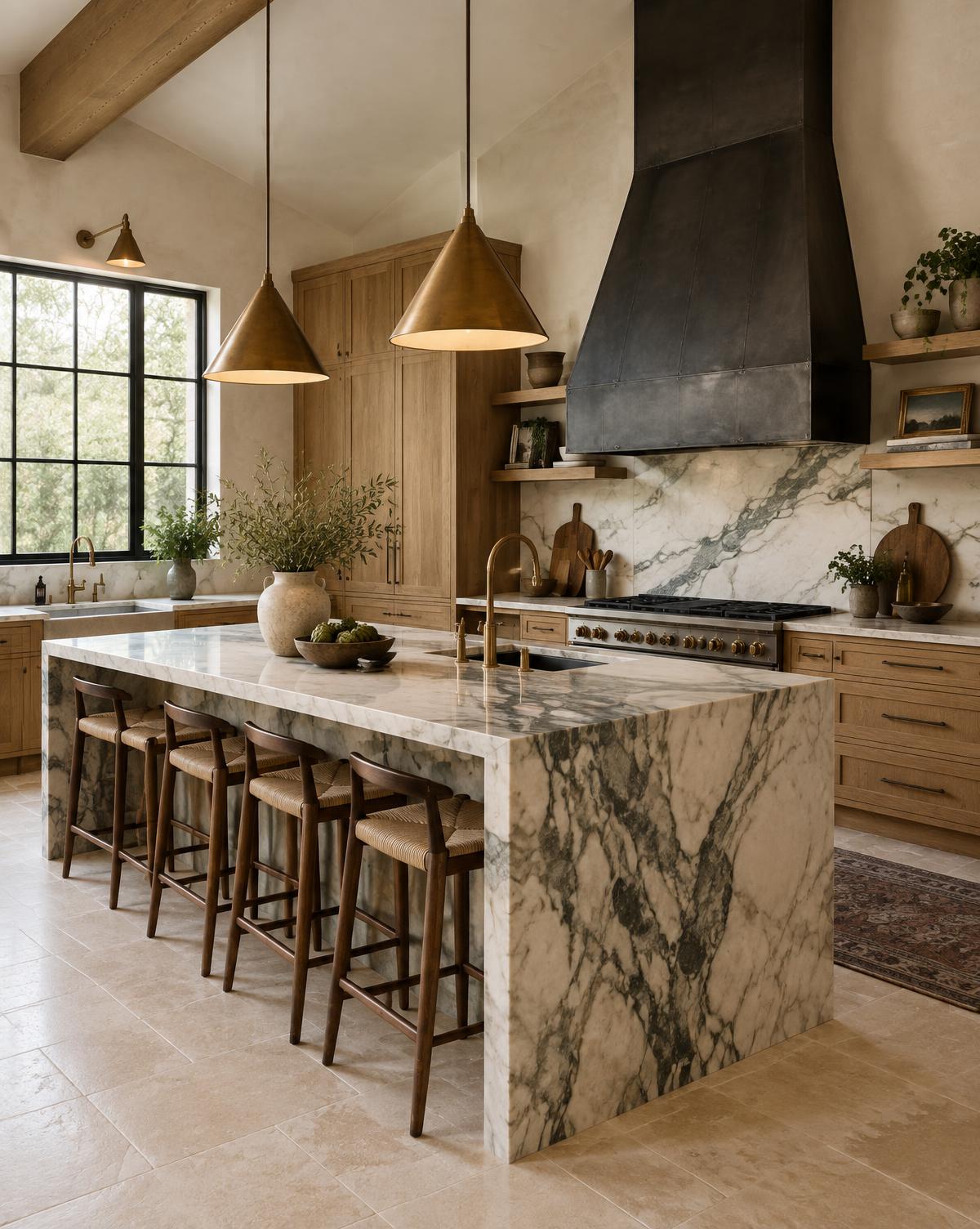 Kitchen with a veined marble island, warm oak cabinetry and a blackened steel range hood
