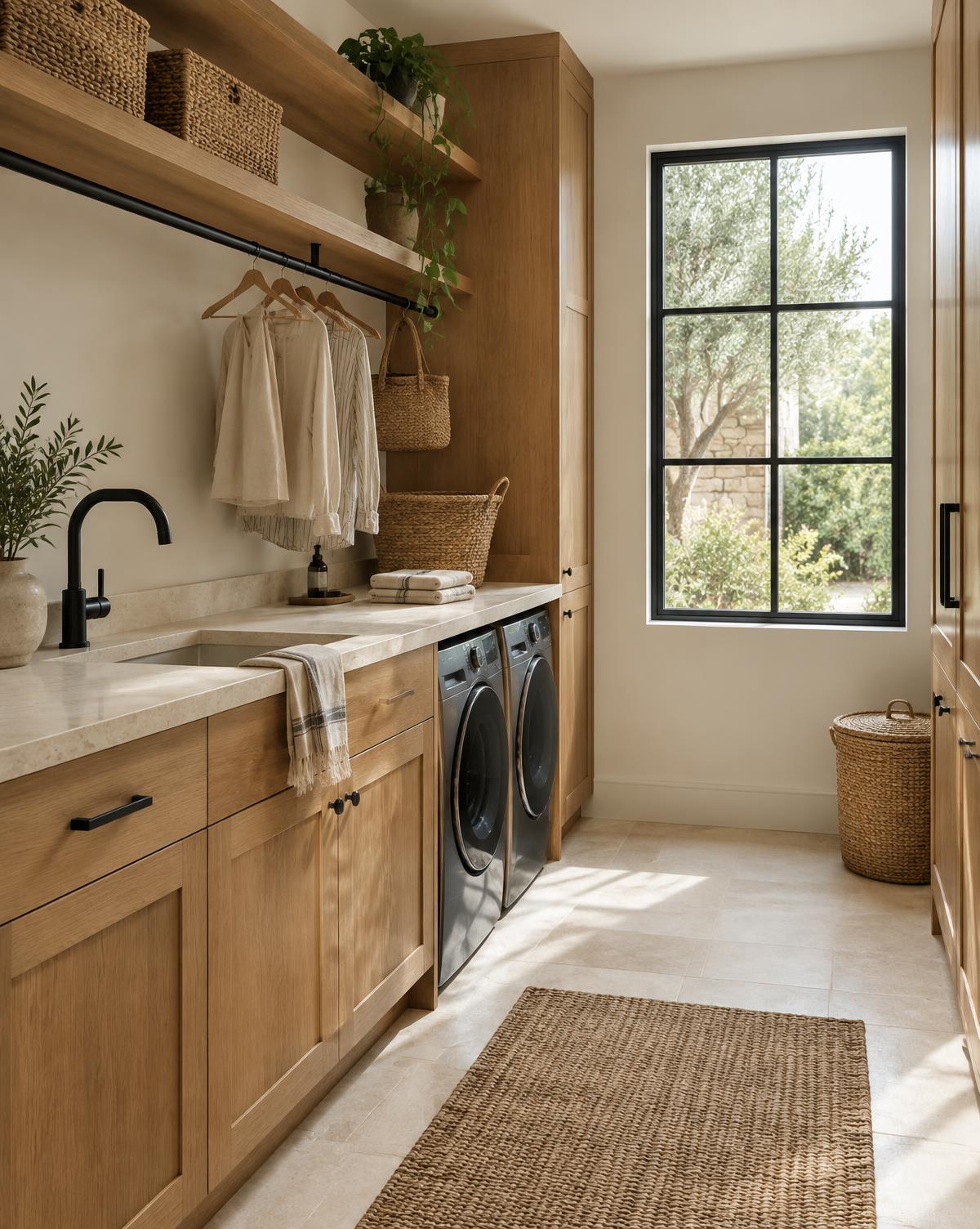 Laundry with warm oak cabinetry, limestone benchtop, black hanging rail and woven baskets