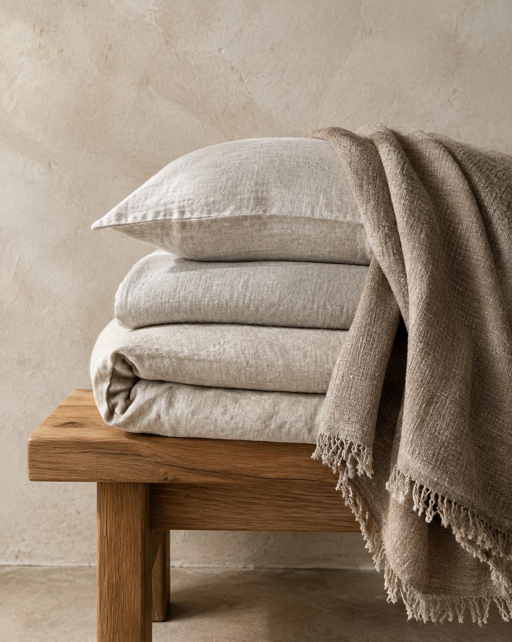 Folded stack of oatmeal and stone linen bedding on an oak bench