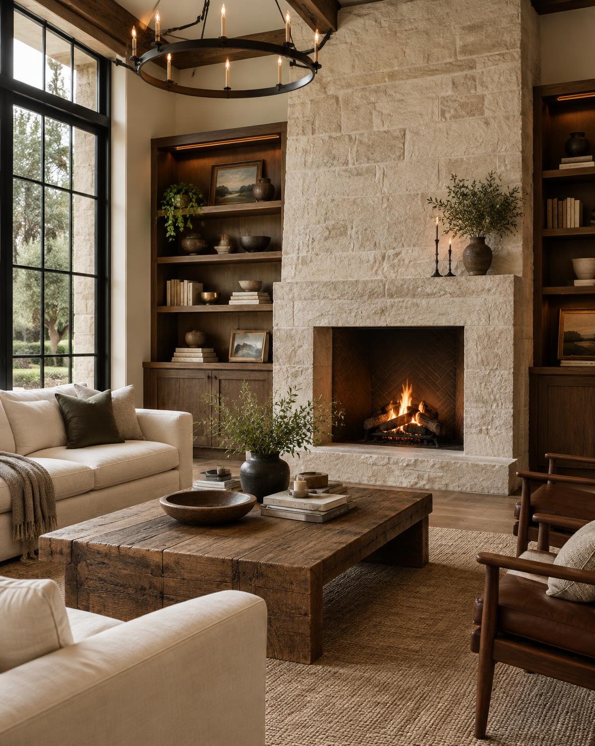 Living room with a large limestone fireplace, cream linen sofa and aged timber coffee table