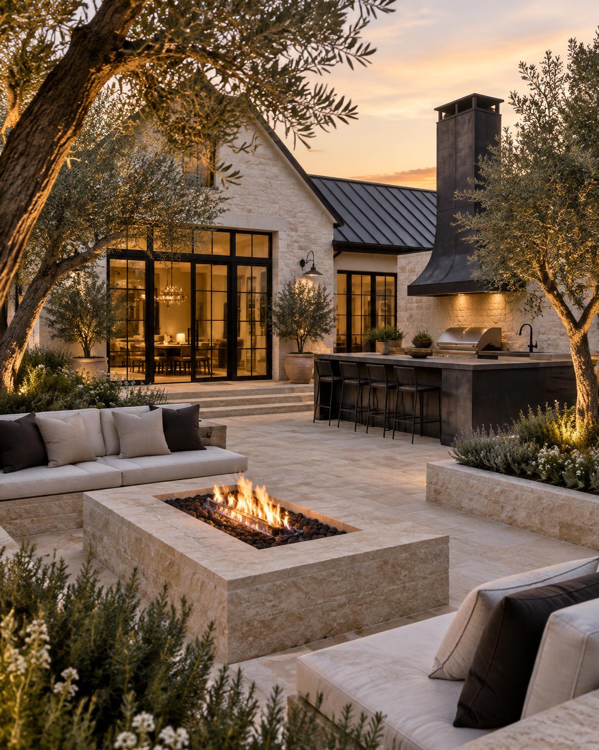 Limestone terrace with a built-in firepit, outdoor kitchen and olive trees at dusk