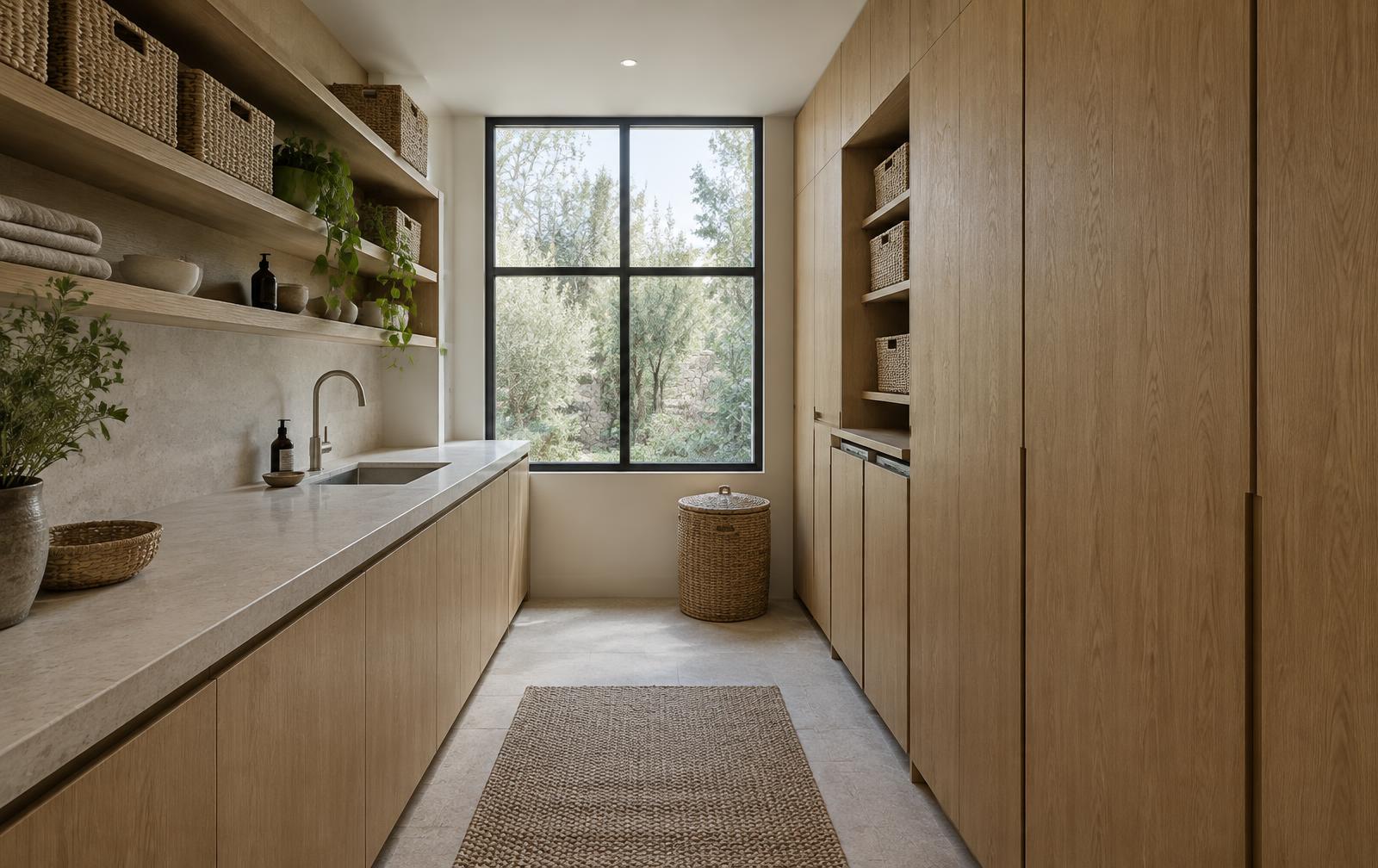 Compact laundry with floor-to-ceiling oak joinery, limestone benchtop and black steel window