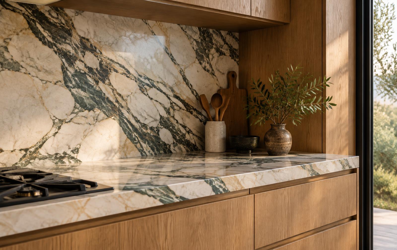 Strongly veined marble splashback and benchtop meeting warm oak cabinetry