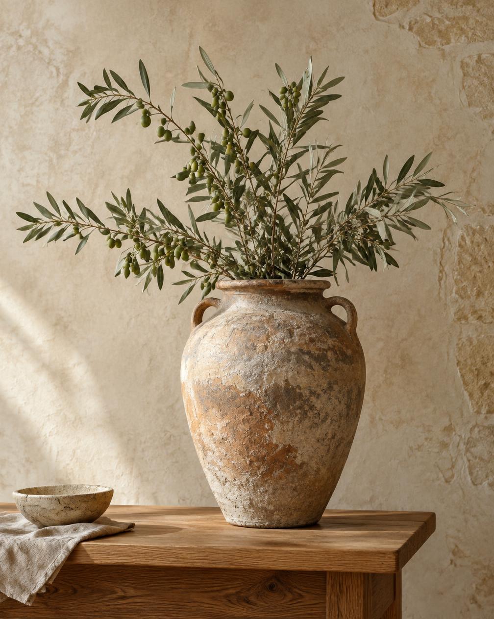 Large aged stone urn with olive branches on an oak table