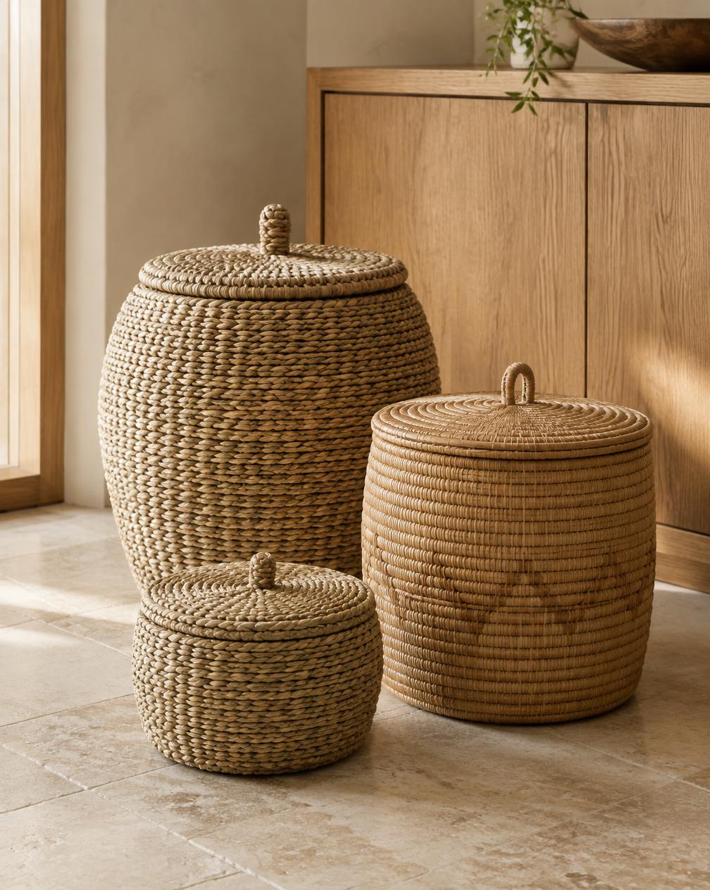 Set of three lidded woven seagrass baskets beside oak cabinetry
