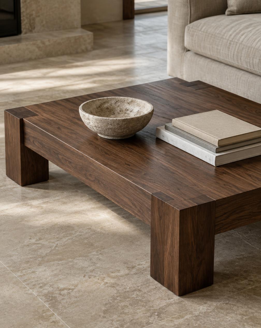 Solid walnut low coffee table styled with a stone bowl and books